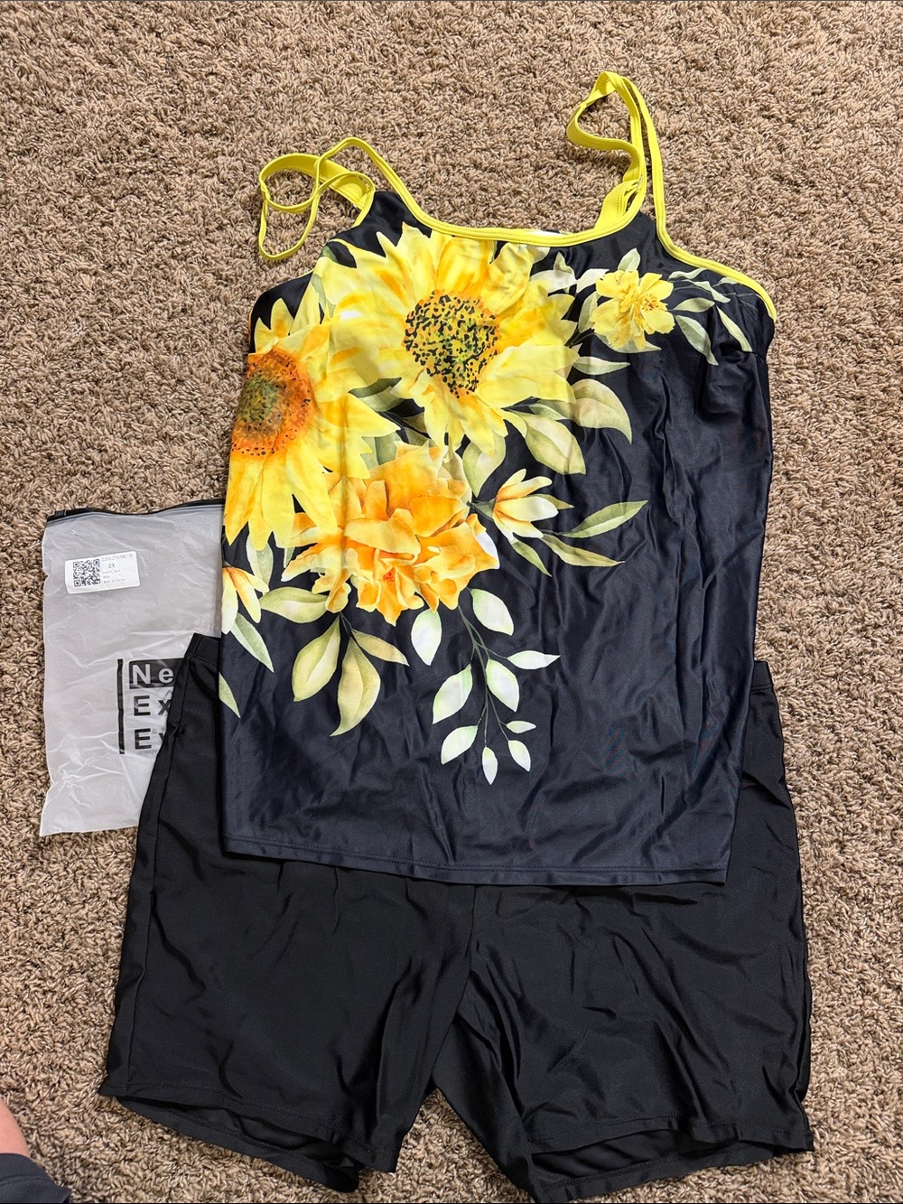 Source Unknown Black Tankini Set with Bright Yellow Sunflower Print